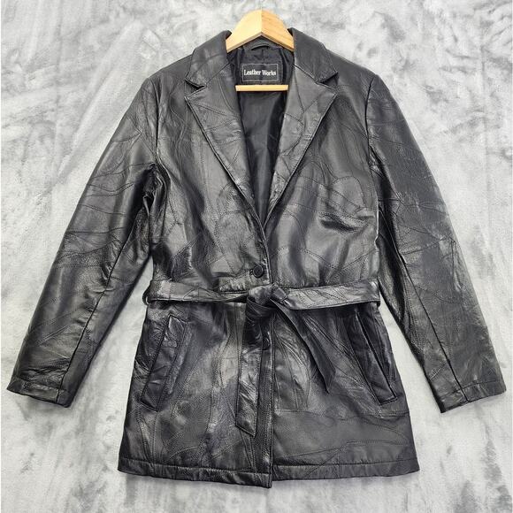 Vintage 90s Leather Works Patchwork Tie Waist Leather Jacket Size M Black Lined - Picture 1 of 11